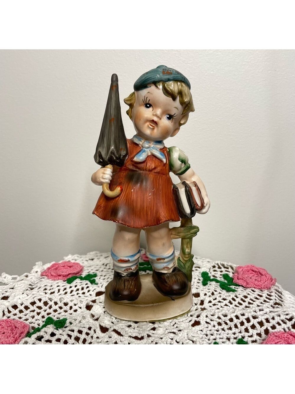 Vintage Brinn Ceramic Child Figurine with Umbrella & Books